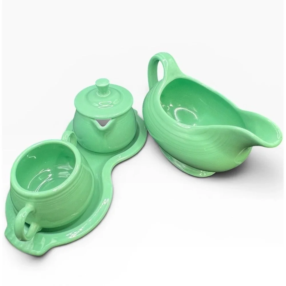 Vintage Fiesta Ware Green Creamer Sugar Bowl Tray Cup Set Fiestaware USA